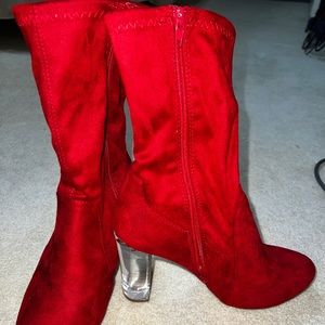 Red velvet booties with clear chunky heel from gojane